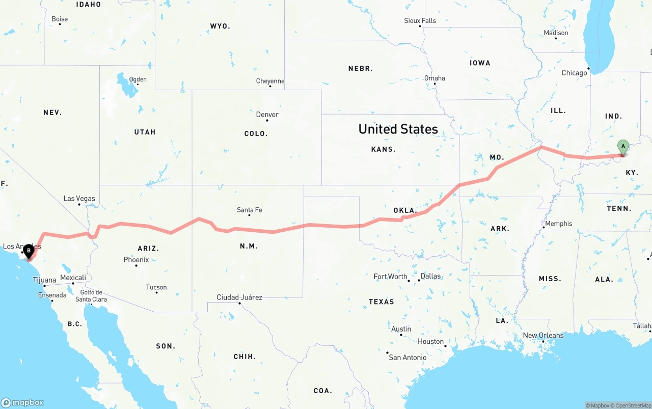 Shipping route from Louisville to John Wayne Airport — Orange County