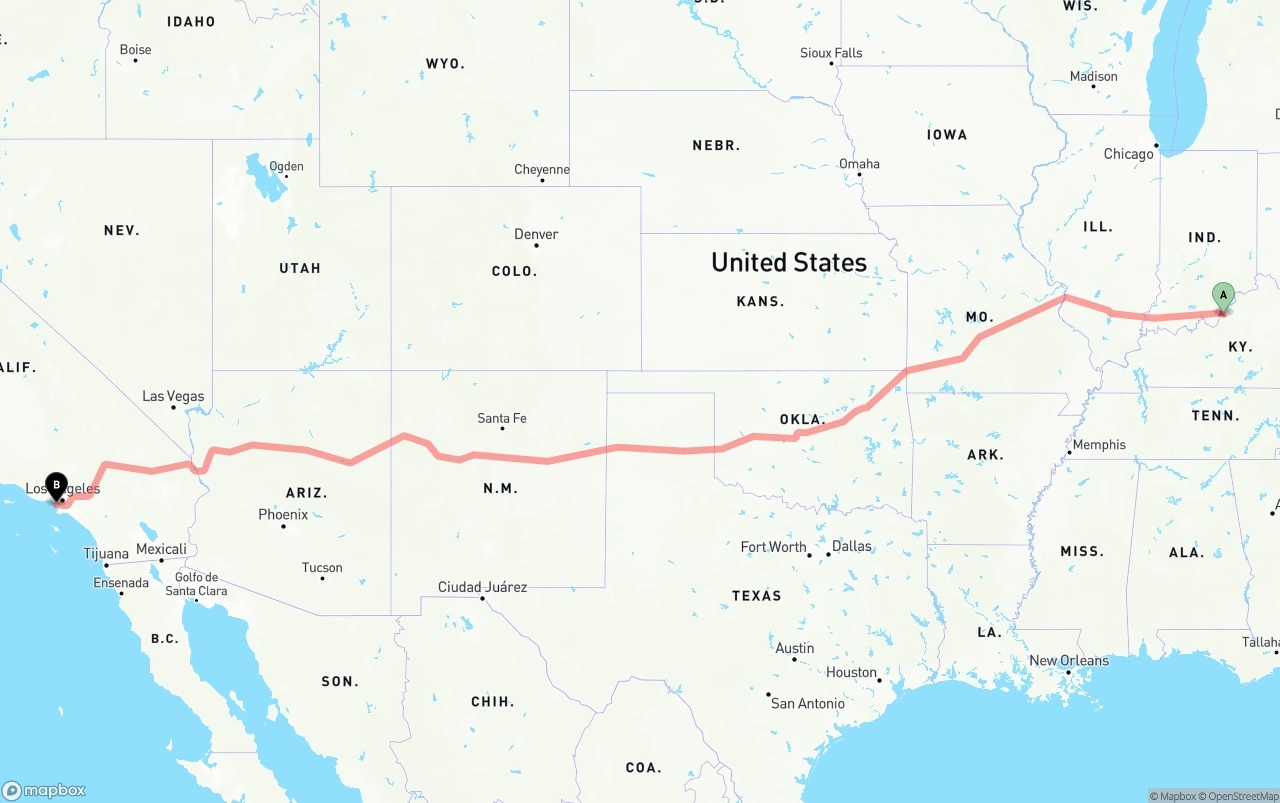 Shipping route from Louisville to Los Angeles International Airport