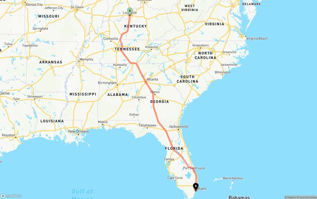 Shipping route from Louisville to Miami