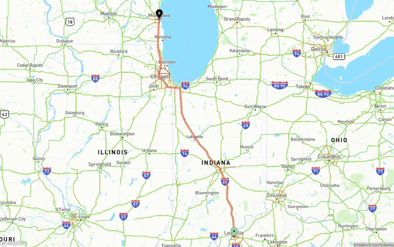 Shipping route from Louisville to Milwaukee