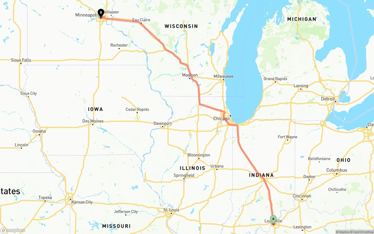 Shipping route from Louisville to Minneapolis
