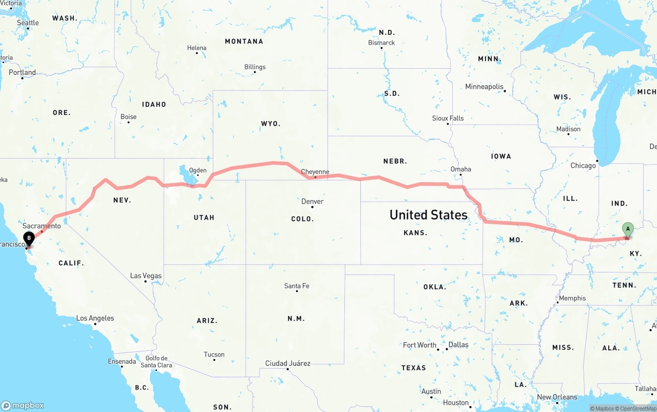 Shipping route from Louisville to Oakland