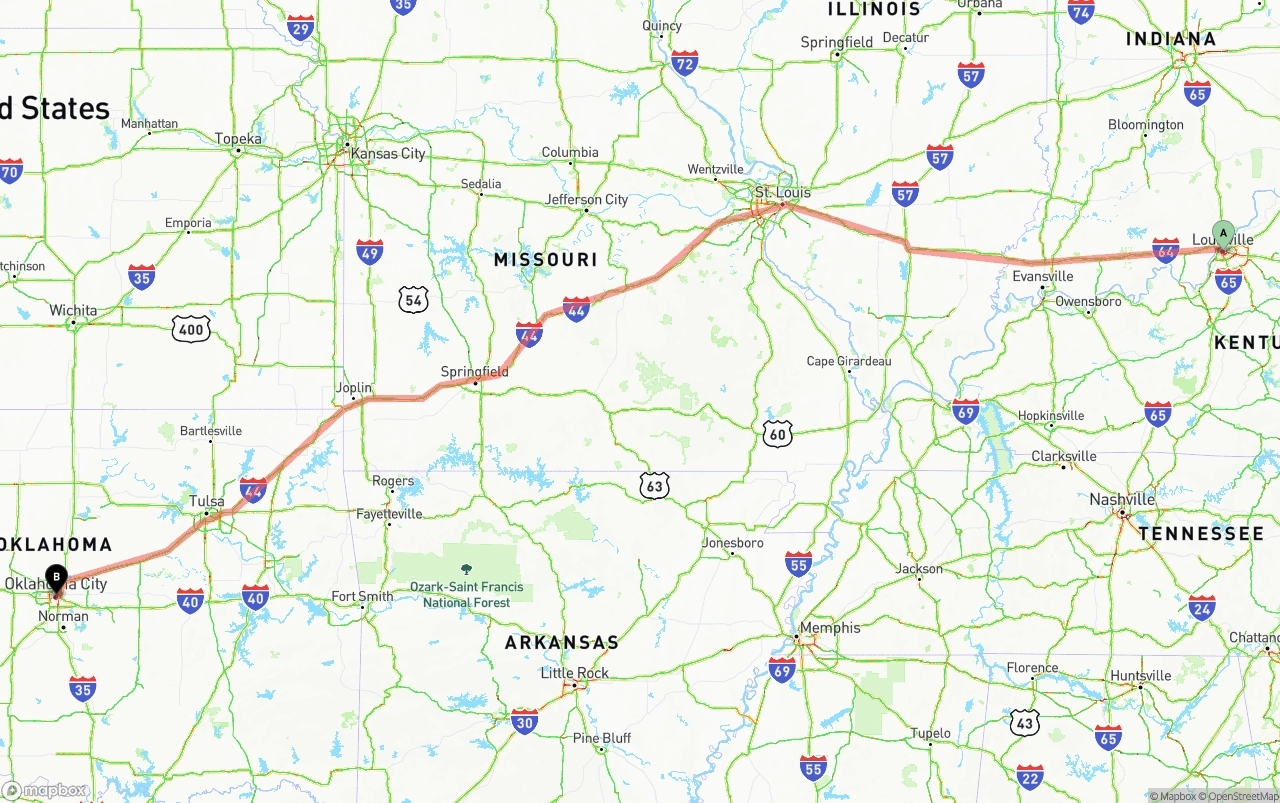 Shipping route from Louisville to Oklahoma City