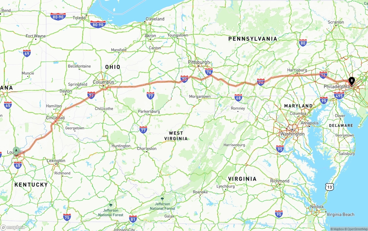 Shipping route from Louisville to Philadelphia
