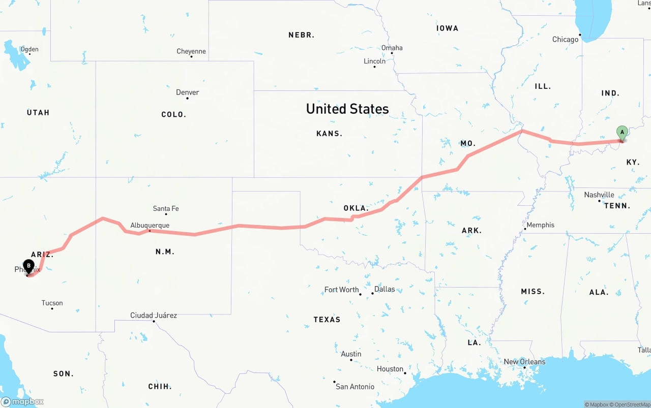 Shipping route from Louisville to Phoenix Sky Harbor International Airport