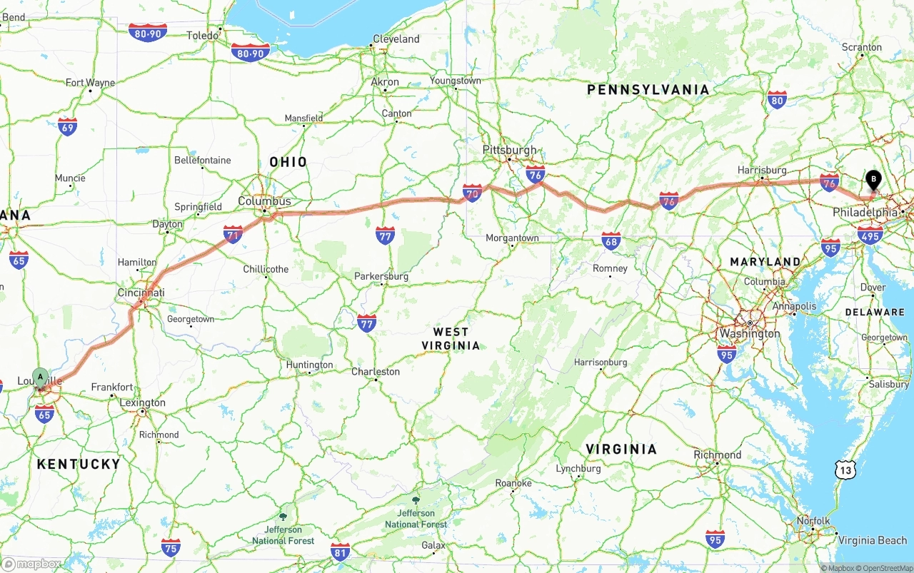 Shipping route from Louisville to Phoenix