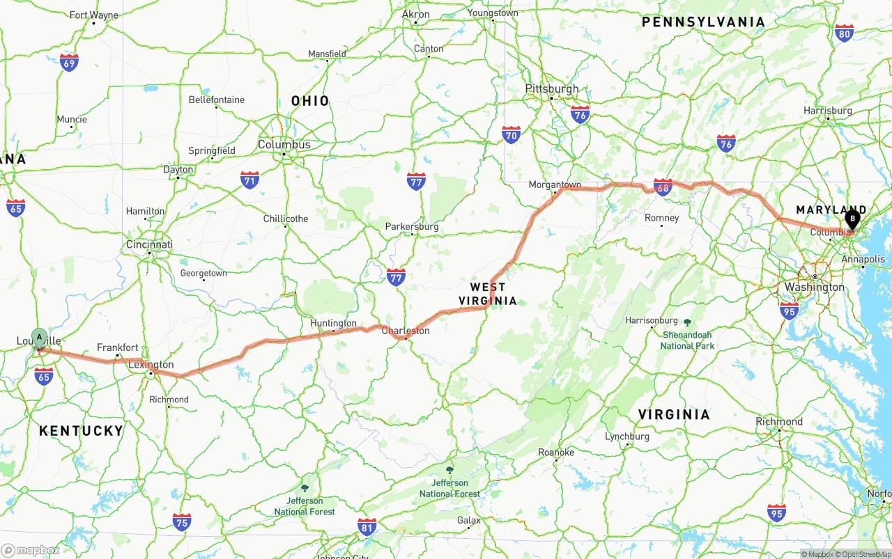 Shipping route from Louisville to Port of Baltimore