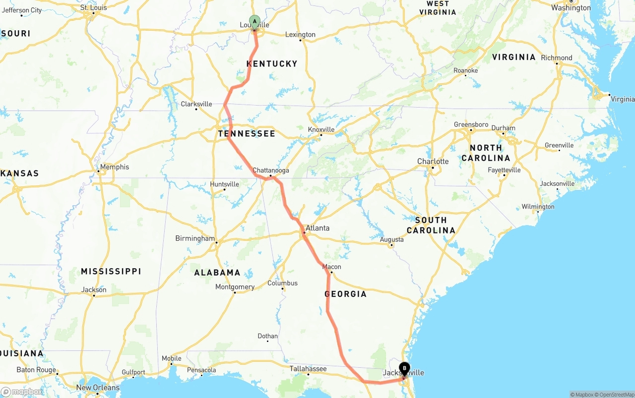Shipping route from Louisville to Port of Jacksonville