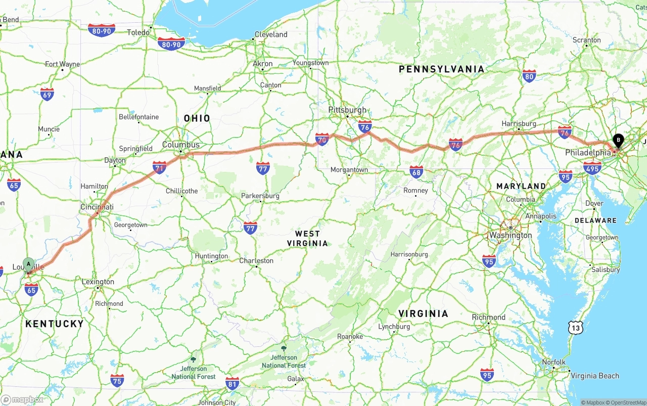 Shipping route from Louisville to Port of Philadelphia