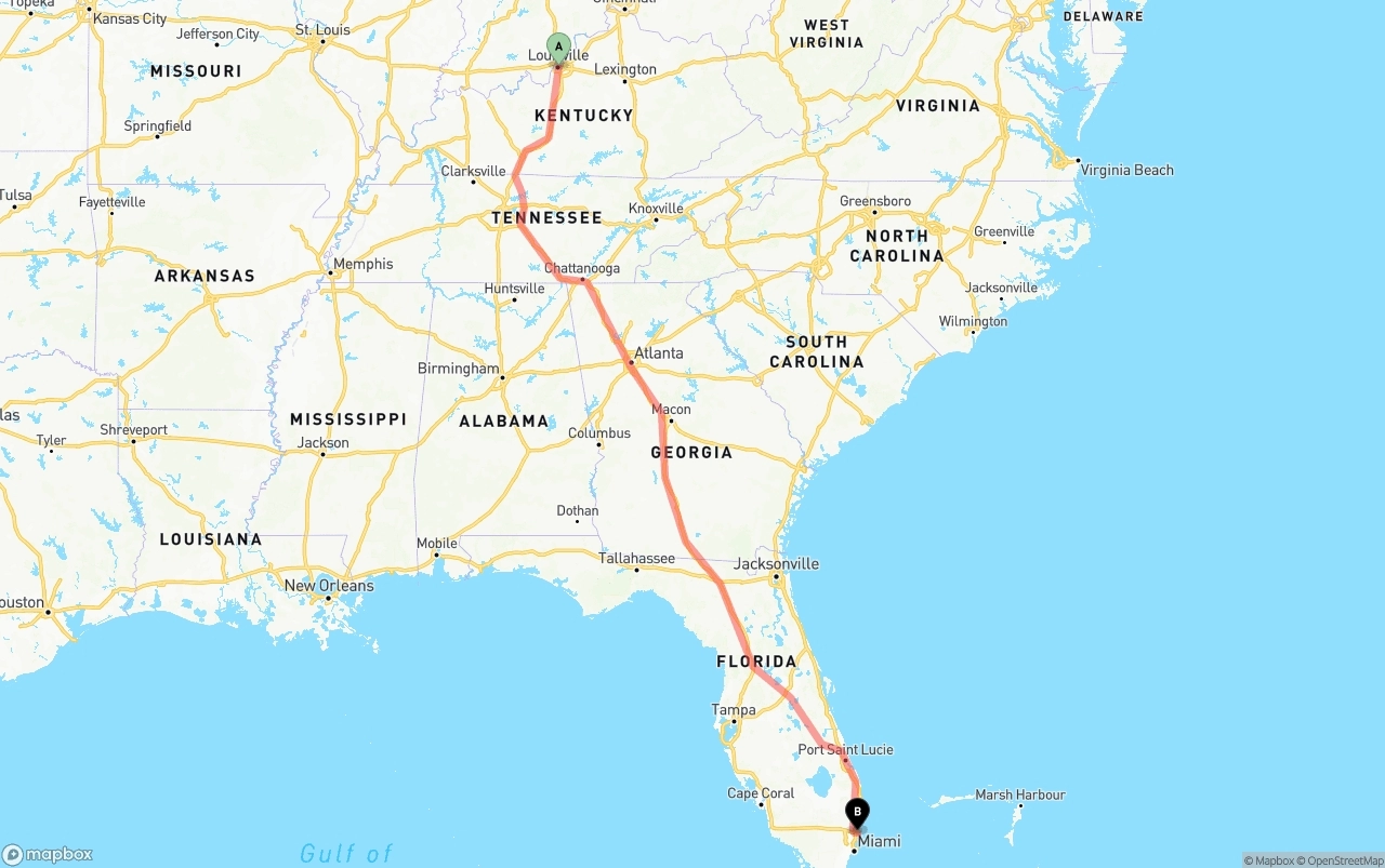 Shipping route from Louisville to Port of Port Everglades