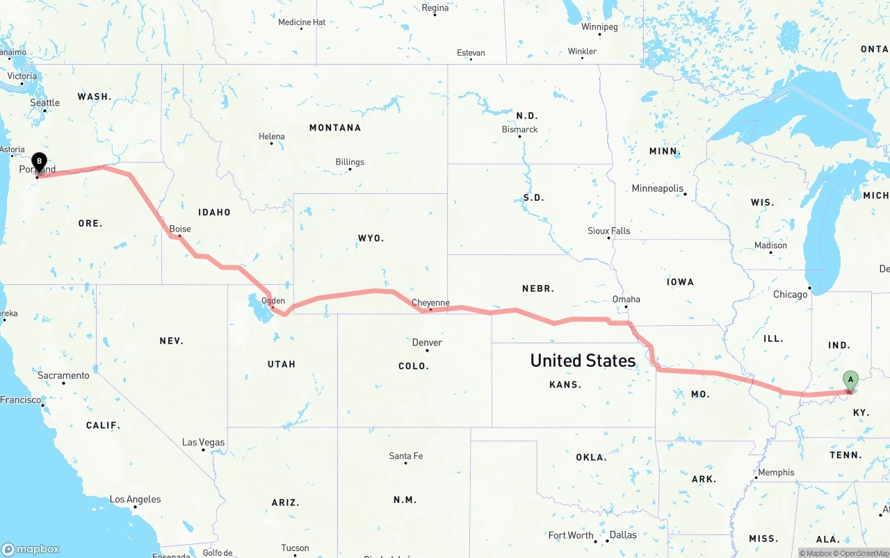 Shipping route from Louisville to Port of Portland