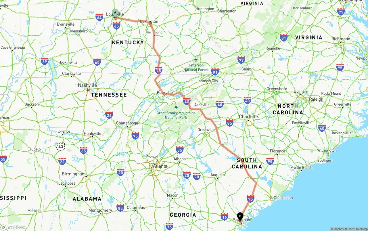 Shipping route from Louisville to Port of Savannah