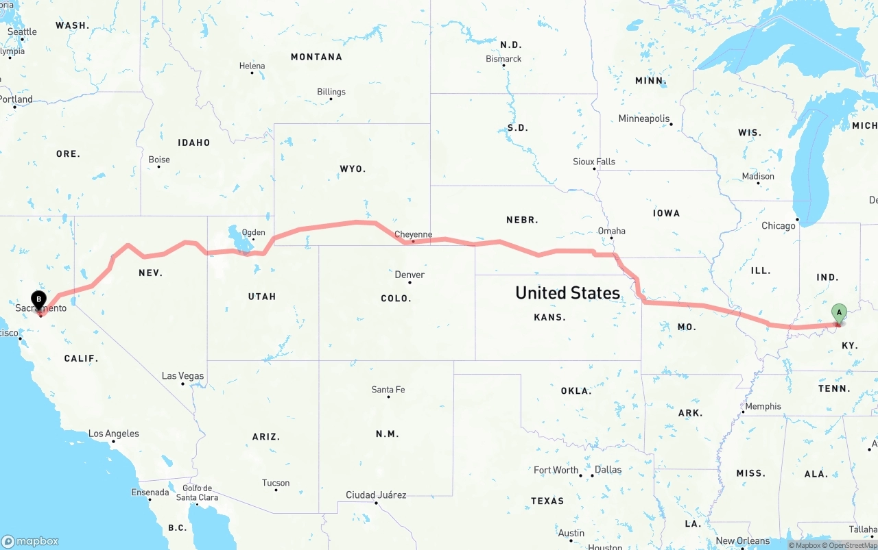 Shipping route from Louisville to Sacramento International Airport