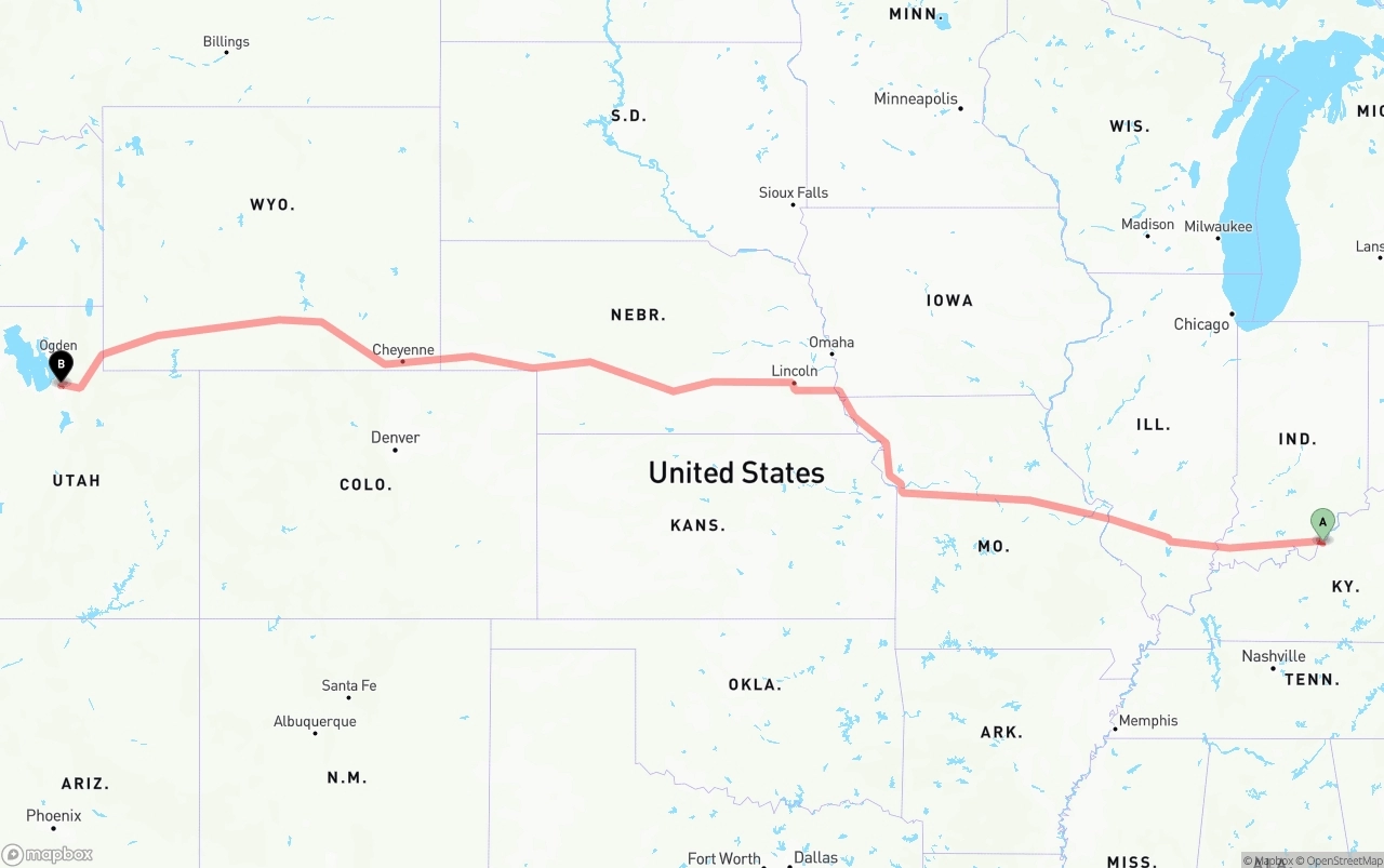 Shipping route from Louisville to Salt Lake City