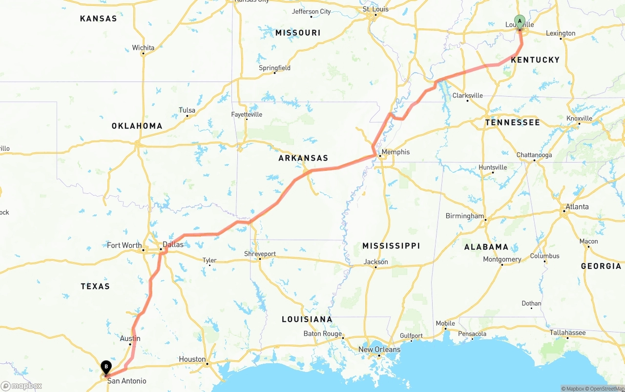 Shipping route from Louisville to San Antonio