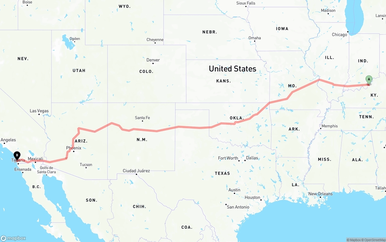 Shipping route from Louisville to San Diego
