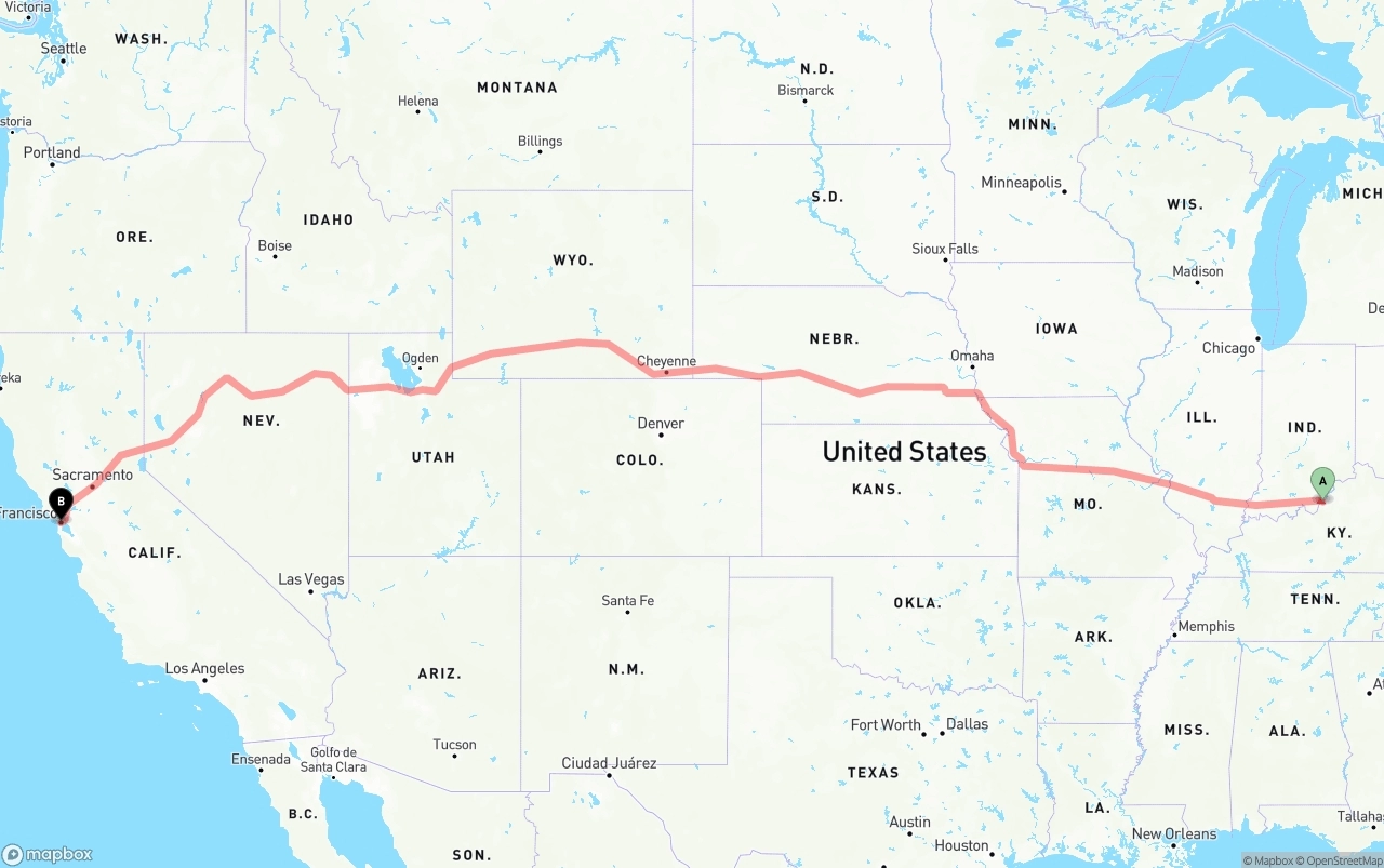 Shipping route from Louisville to San Francisco