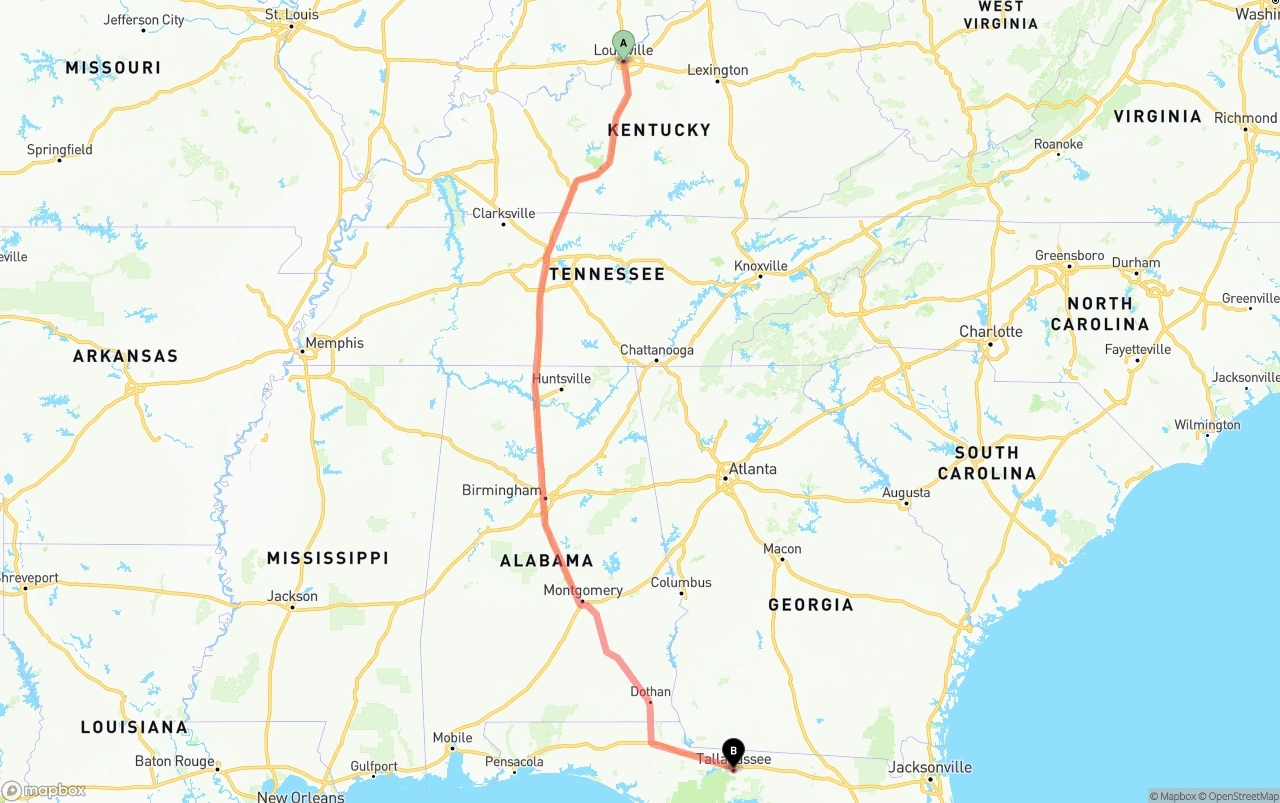 Shipping route from Louisville to Tallahassee