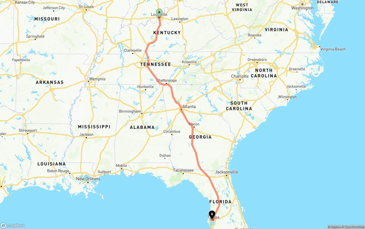 Shipping route from Louisville to Tampa International Airport