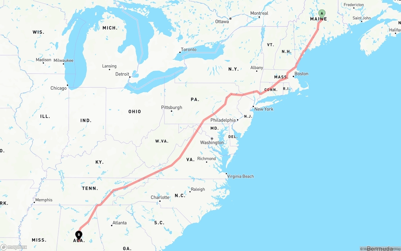 Shipping route from Maine to Alabama