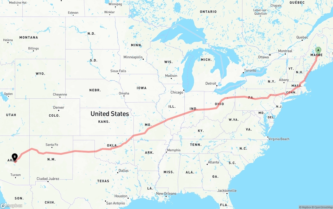Shipping route from Maine to Arizona