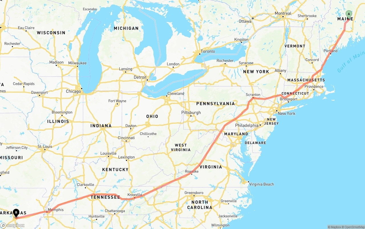 Shipping route from Maine to Arkansas
