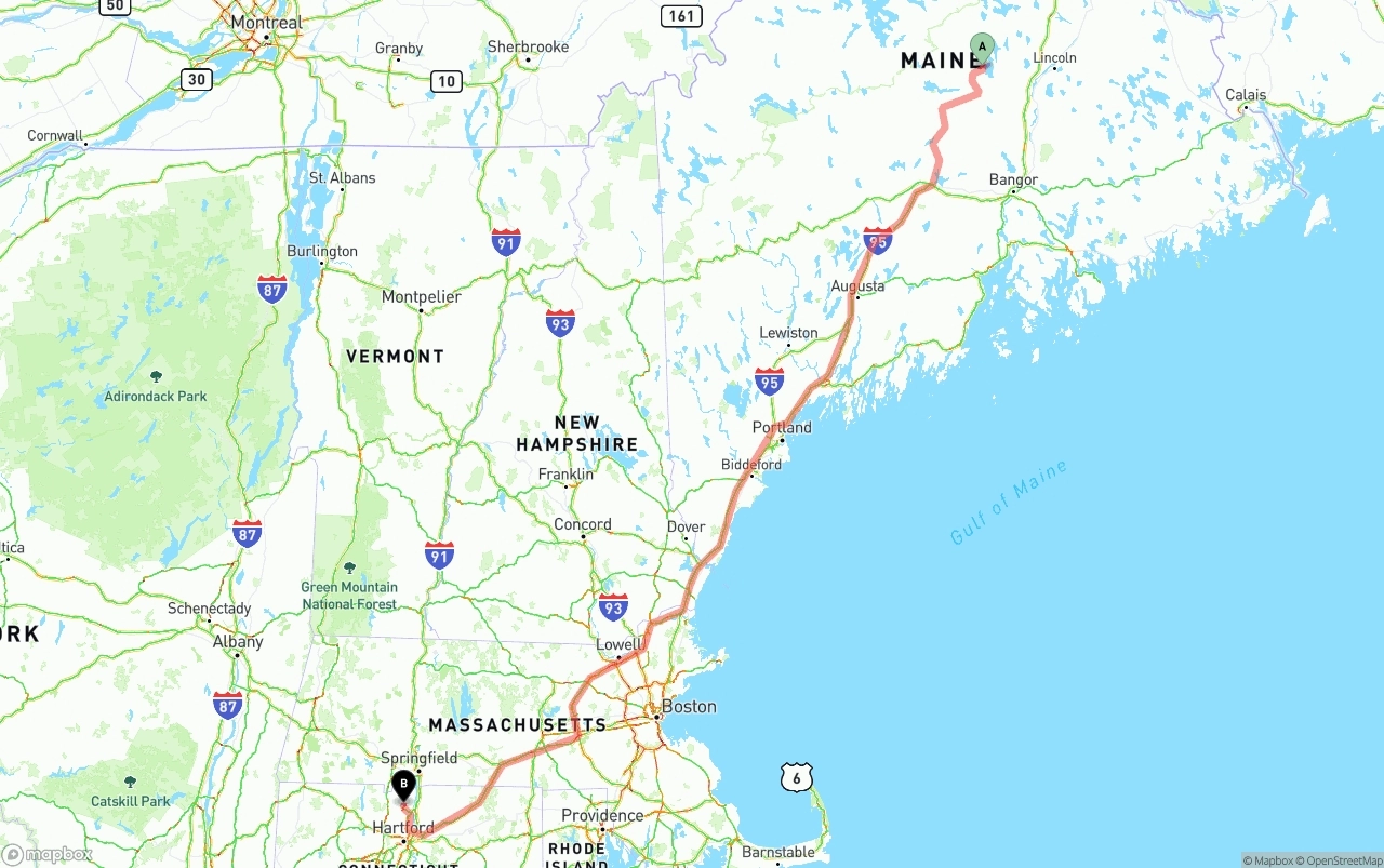 Shipping route from Maine to Bradley International Airport