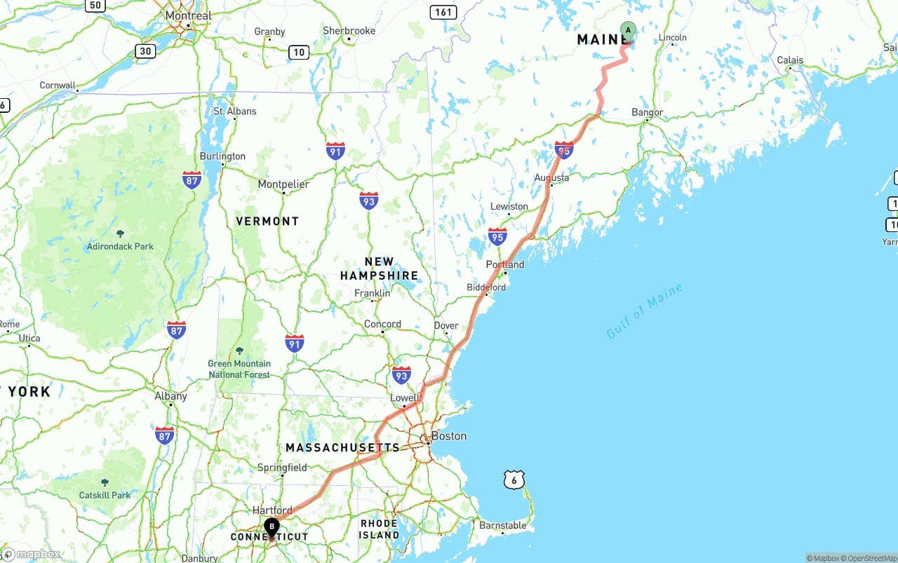 Shipping route from Maine to Connecticut