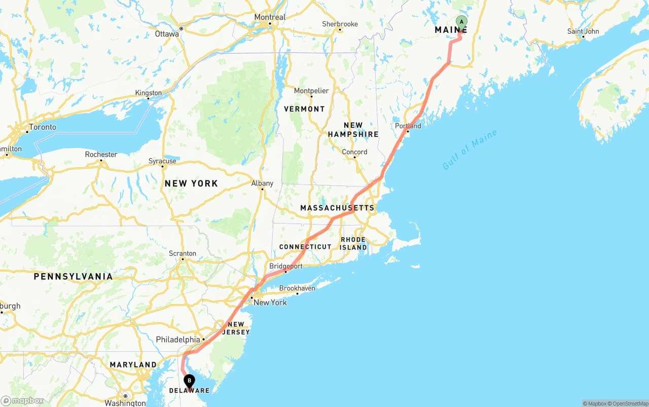 Shipping route from Maine to Delaware