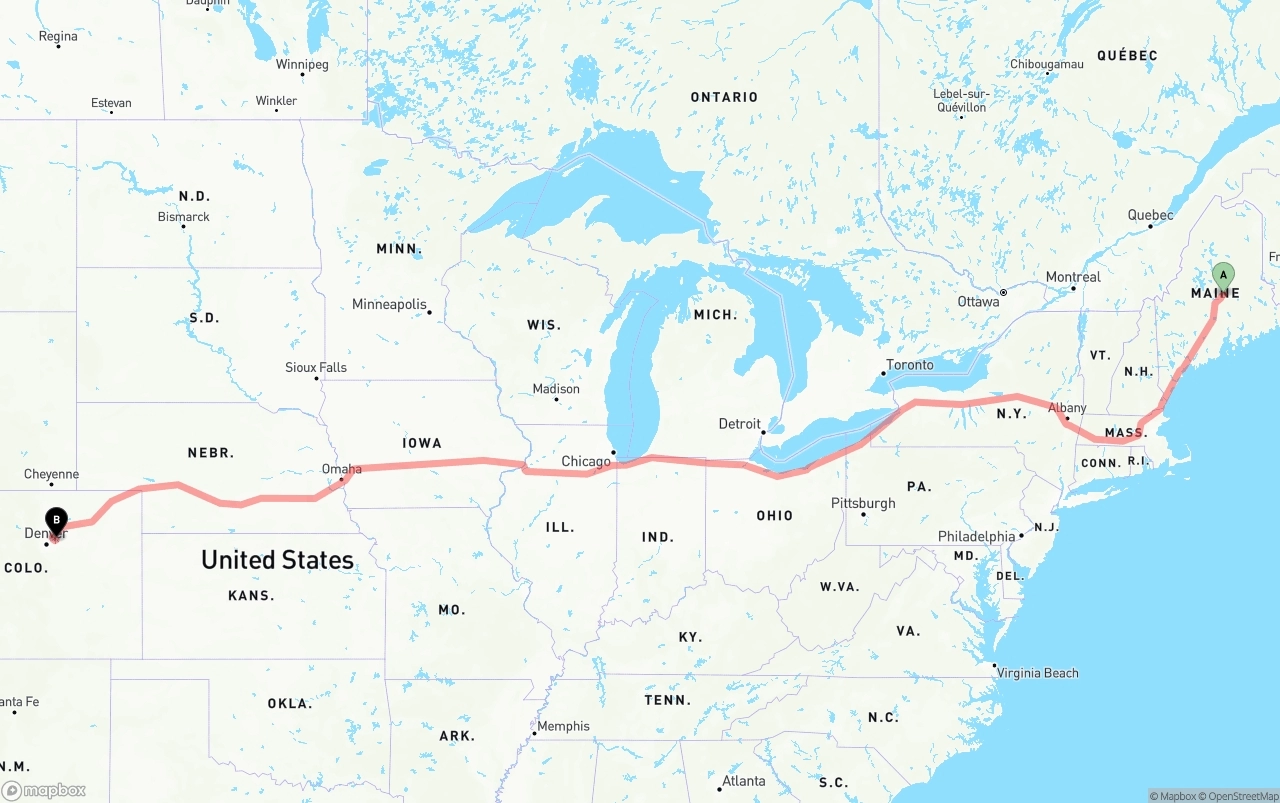 Shipping route from Maine to Denver International Airport