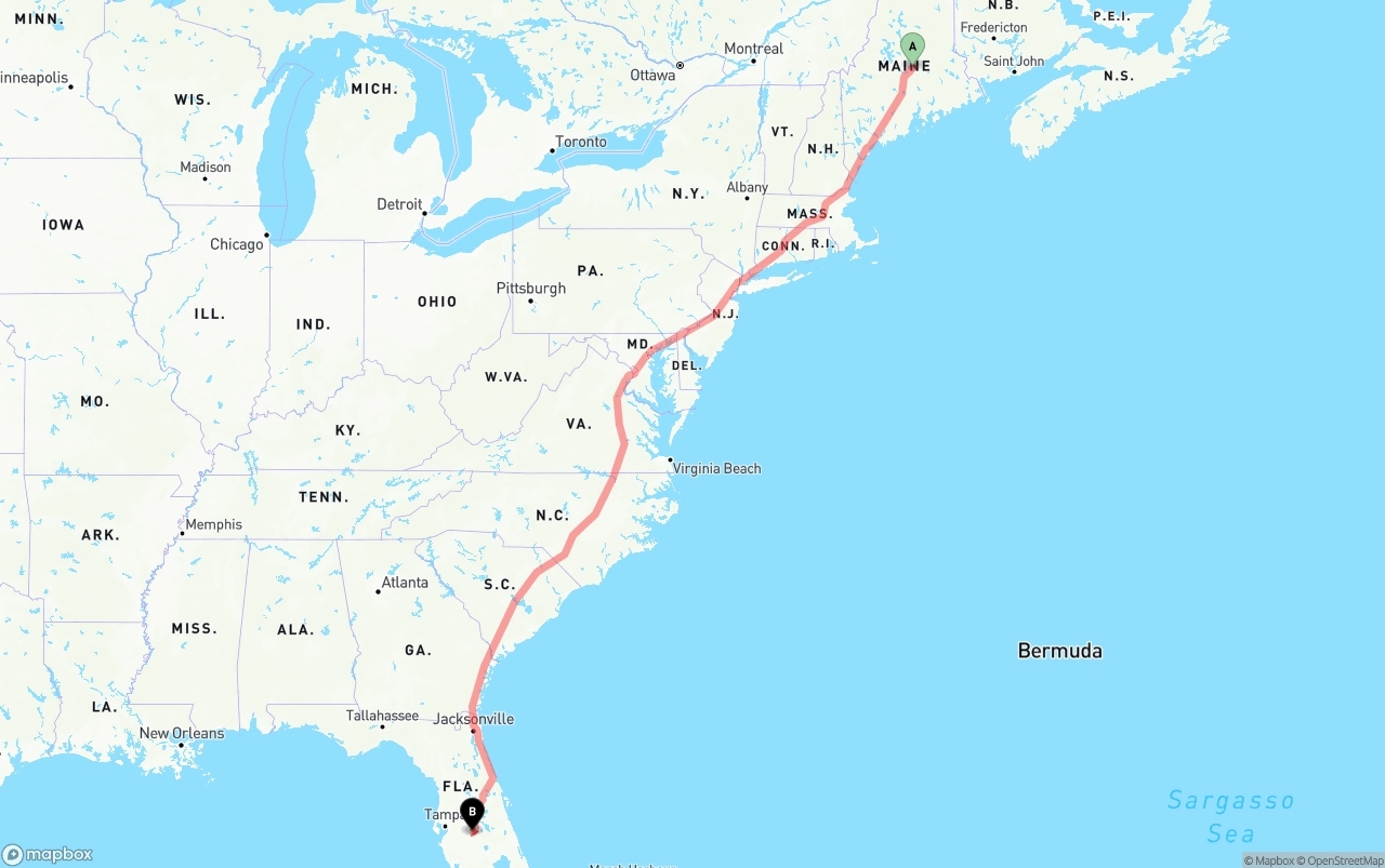 Shipping route from Maine to Florida