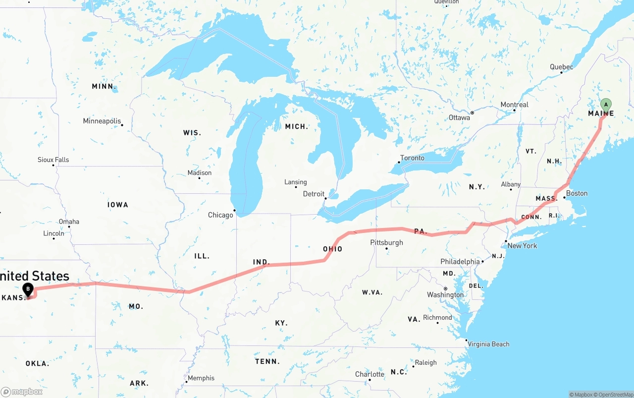 Shipping route from Maine to Kansas