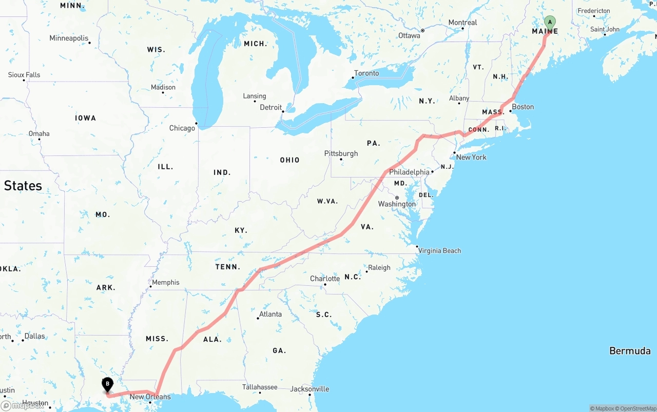 Shipping route from Maine to Louisiana
