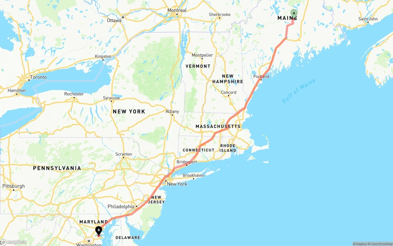 Shipping route from Maine to Maryland
