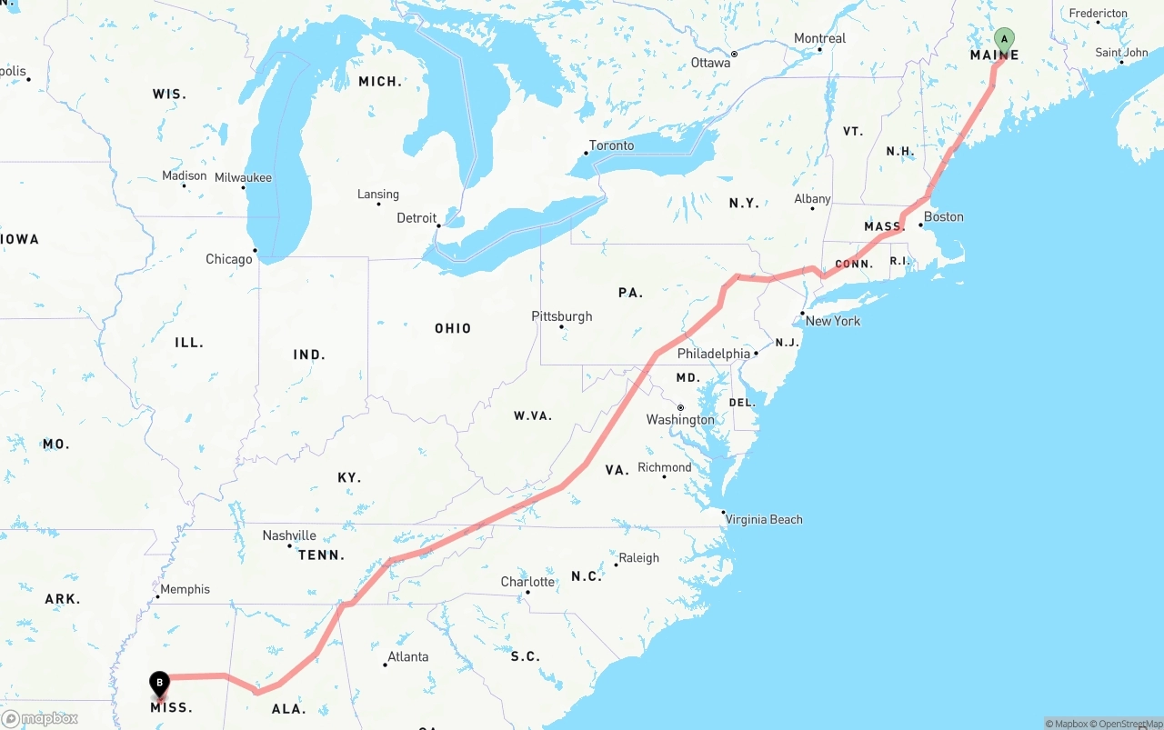 Shipping route from Maine to Mississippi