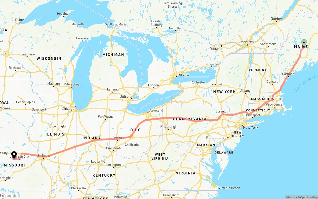 Shipping route from Maine to Missouri