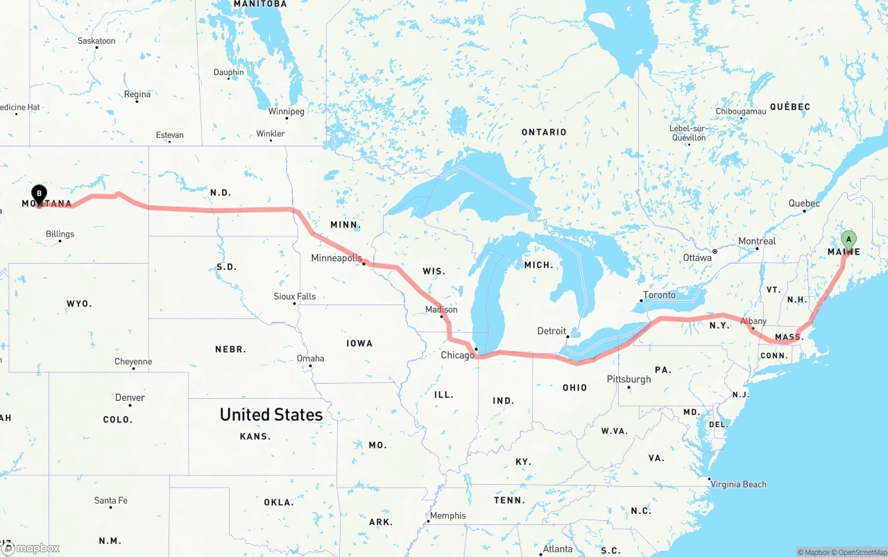 Shipping route from Maine to Montana