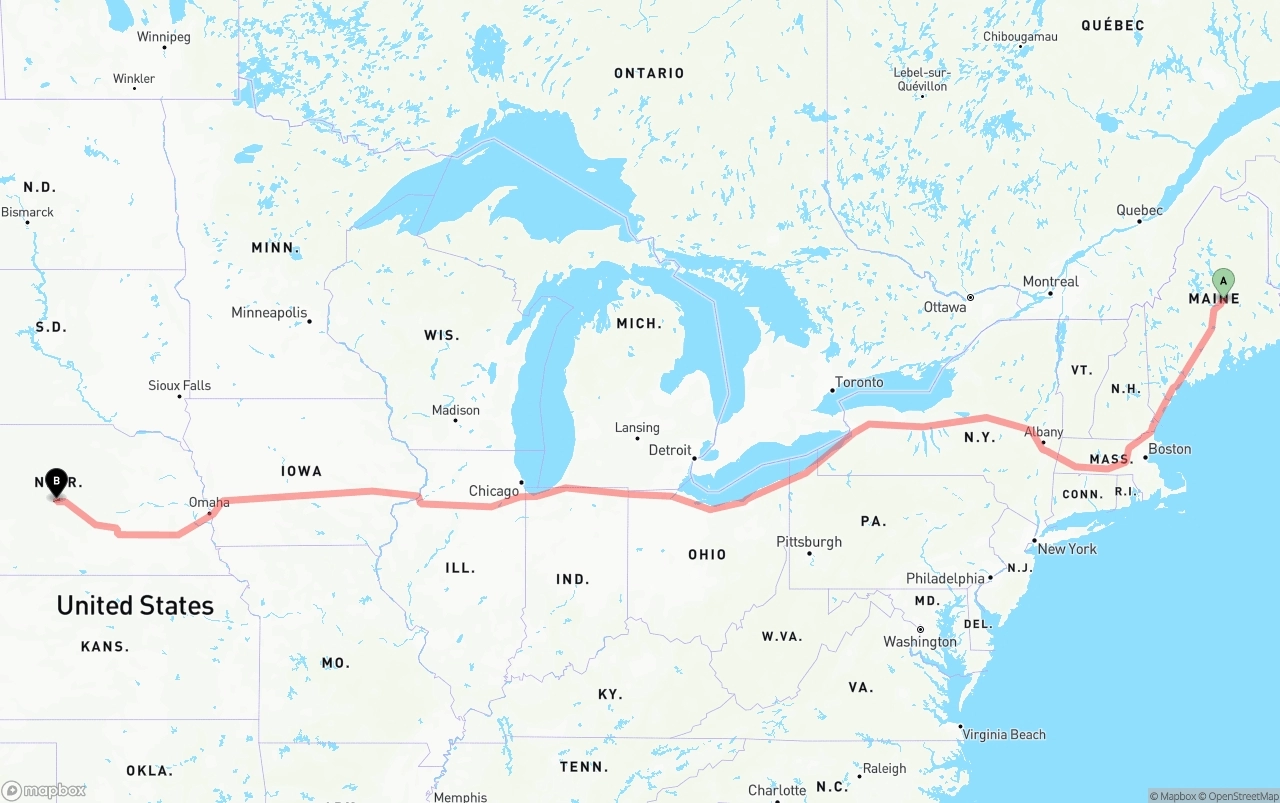 Shipping route from Maine to Nebraska