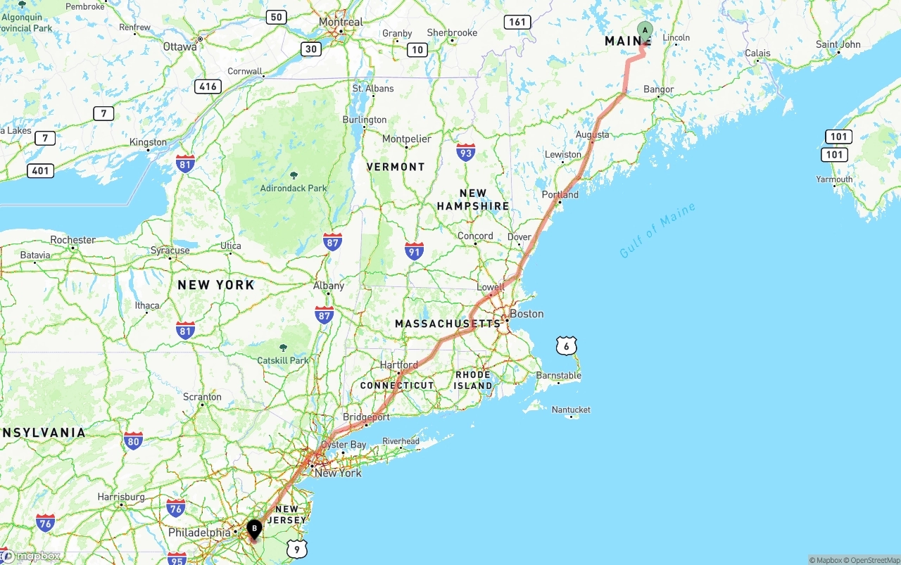 Shipping route from Maine to New Jersey