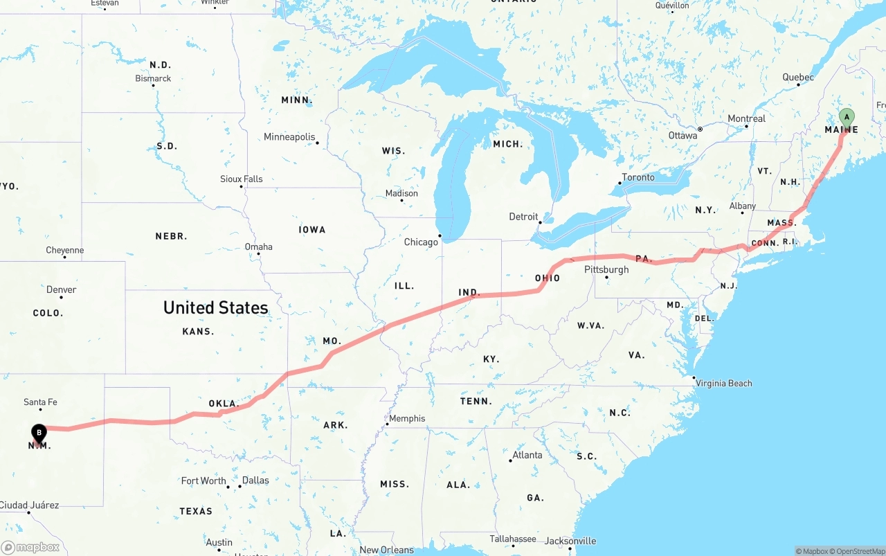Shipping route from Maine to New Mexico