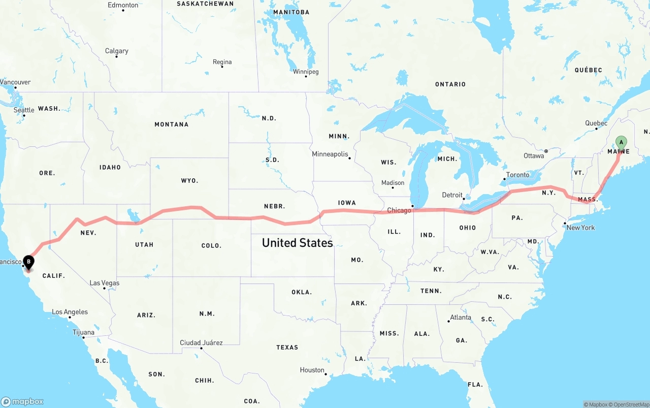 Shipping route from Maine to Norman Y. Mineta San Jose International Airport