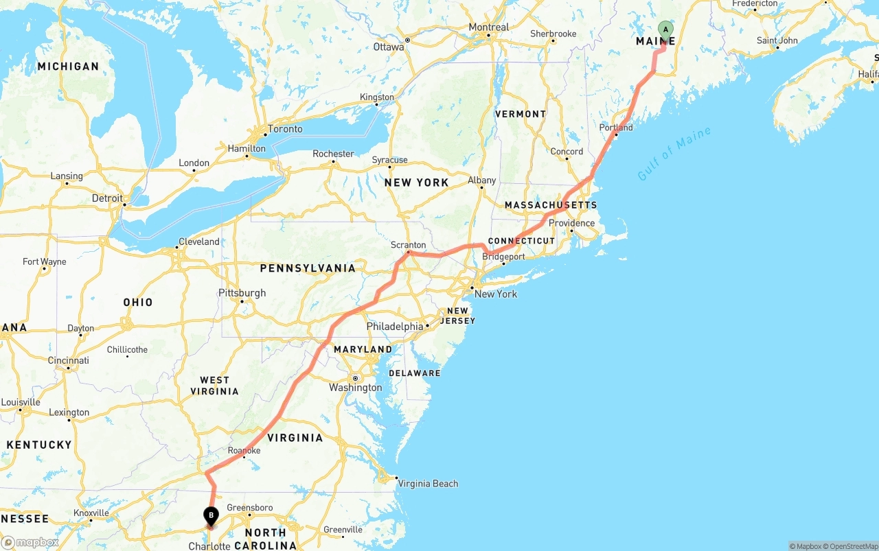 Shipping route from Maine to North Carolina