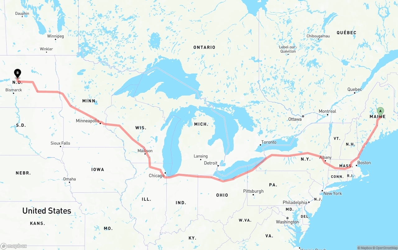 Shipping route from Maine to North Dakota