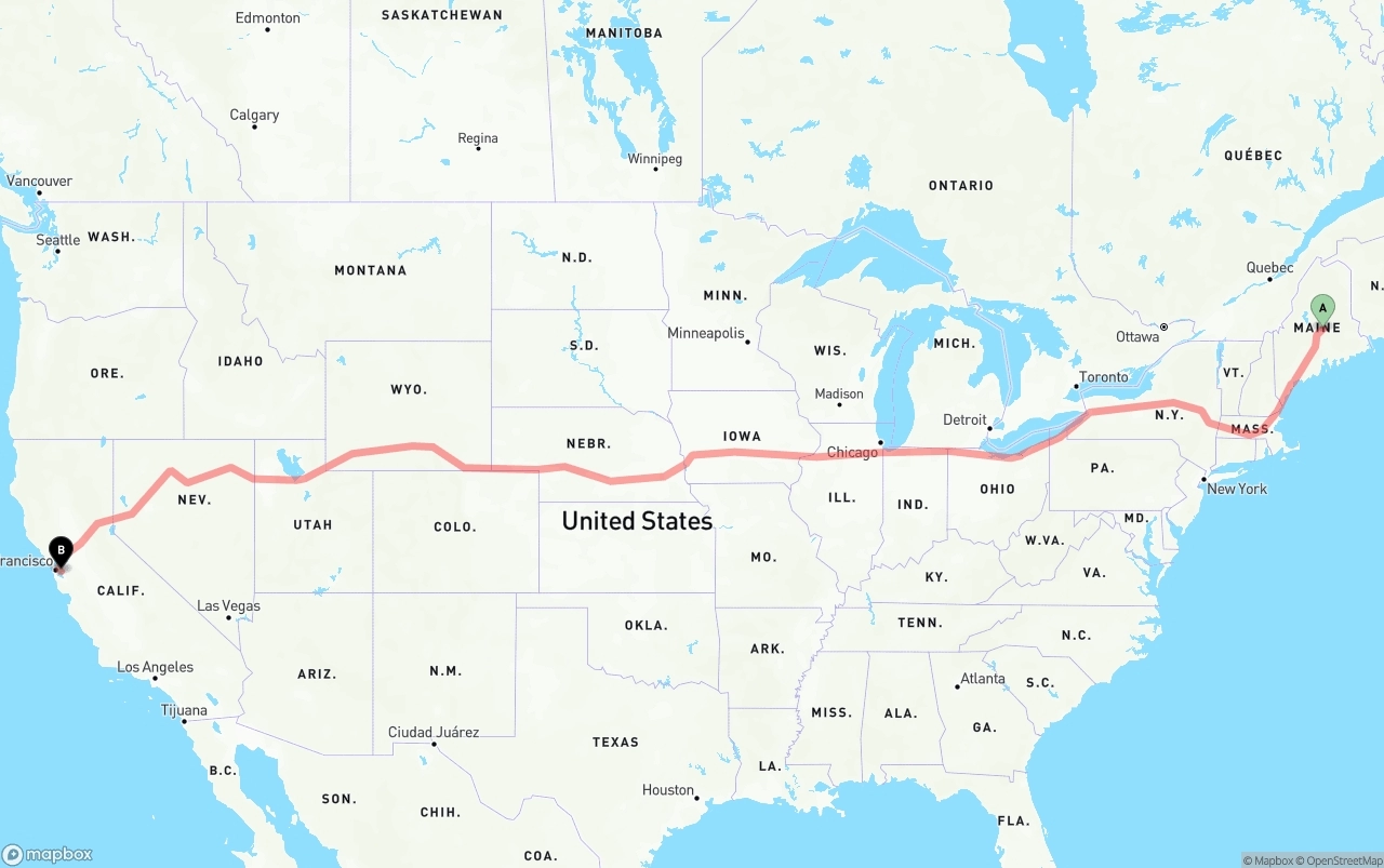 Shipping route from Maine to Oakland International Airport