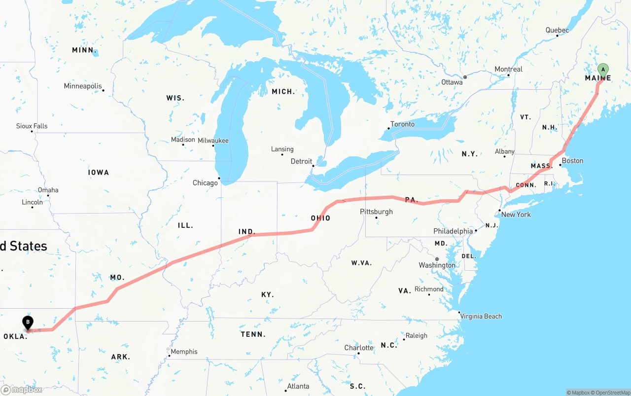 Shipping route from Maine to Oklahoma