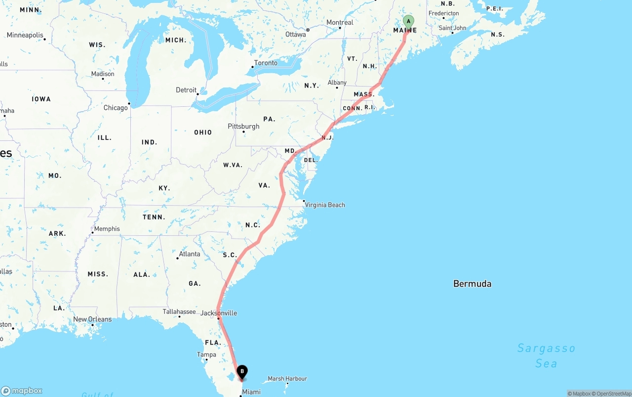 Shipping route from Maine to Palm Beach International Airport