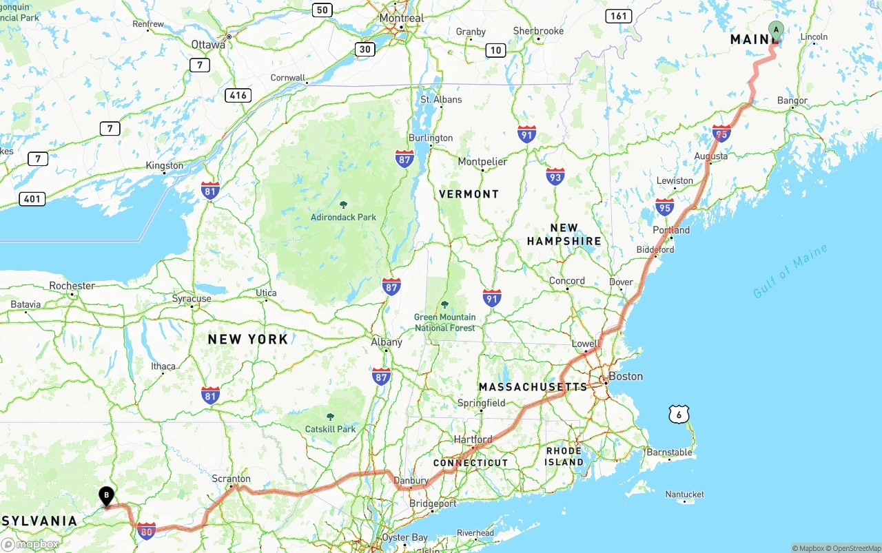 Shipping route from Maine to Pennsylvania