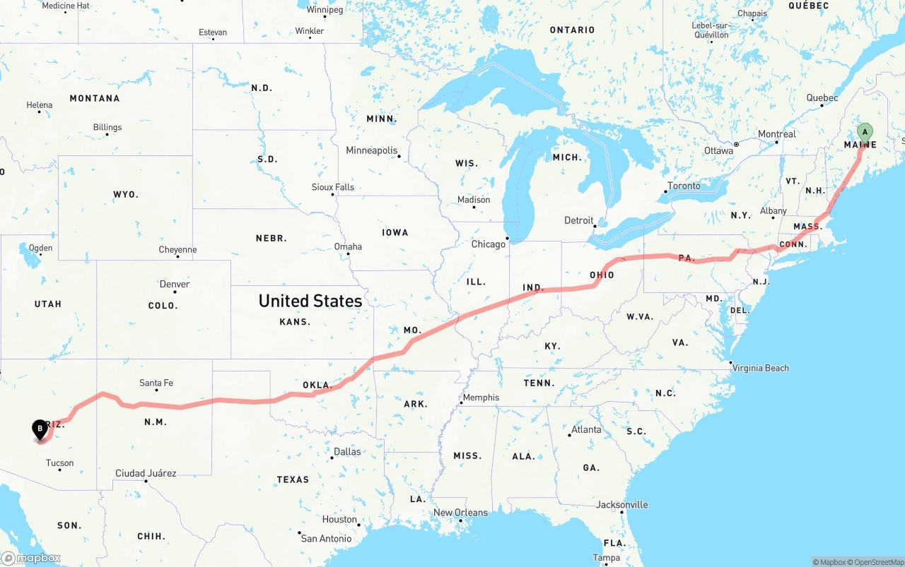 Shipping route from Maine to Phoenix Sky Harbor International Airport