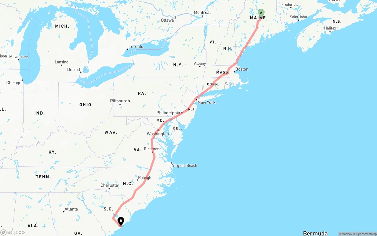 Shipping route from Maine to Port of Charleston