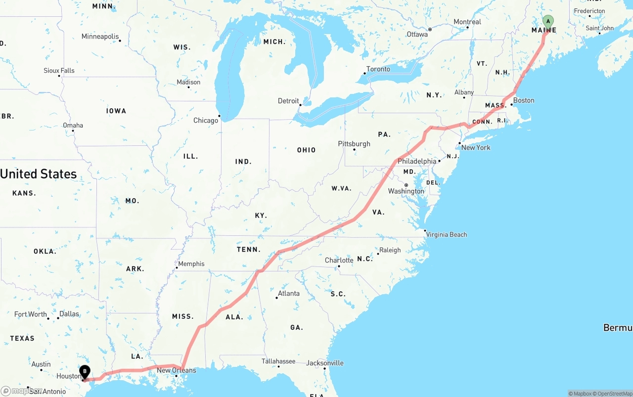Shipping route from Maine to Port of Houston